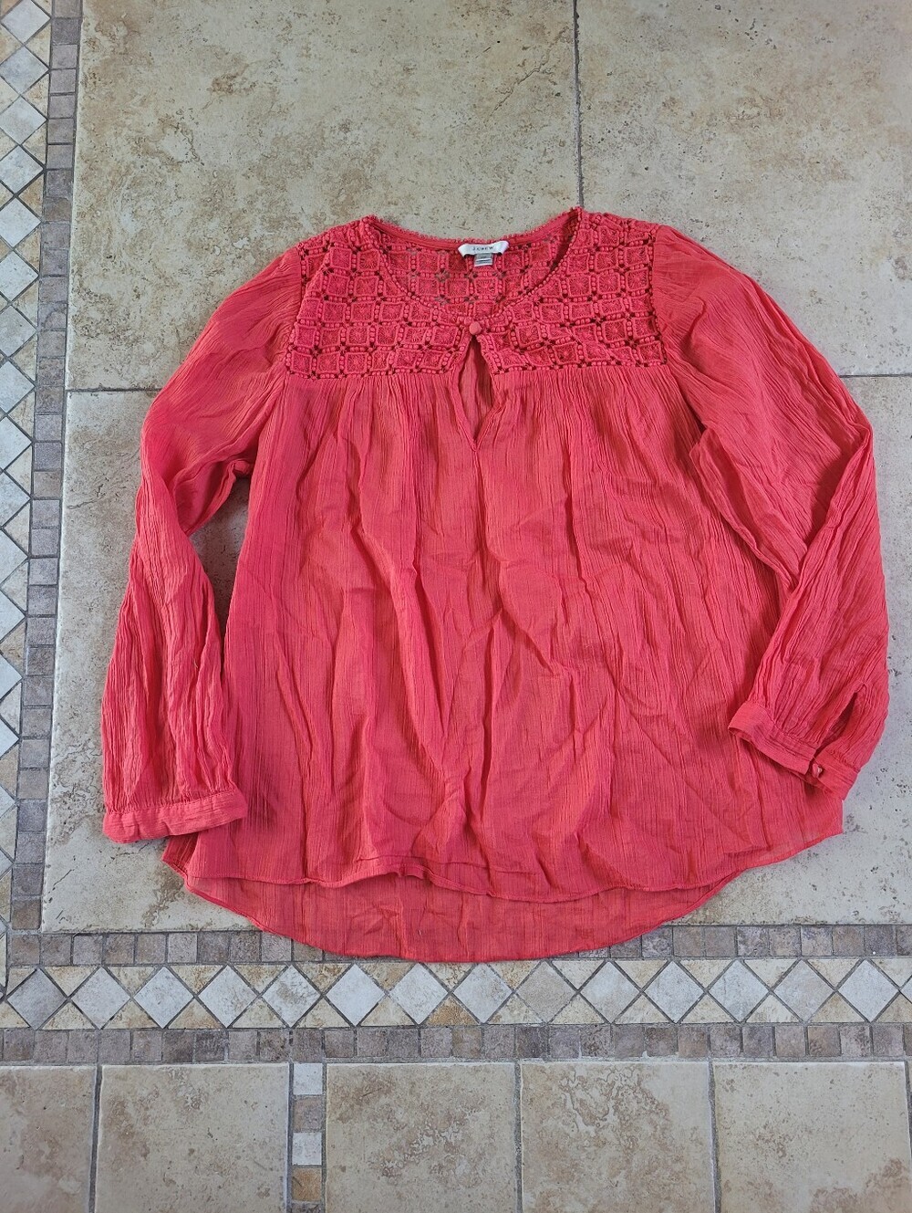 J. Crew Coral Crochet L Long-Sleeve Tunic Blouse